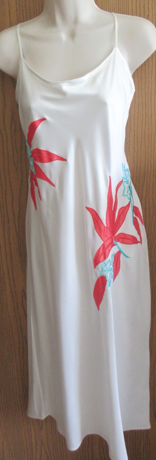 NATORI SATIN poly IVORY ORANGE BIRD of PARADISE applique night gown size M