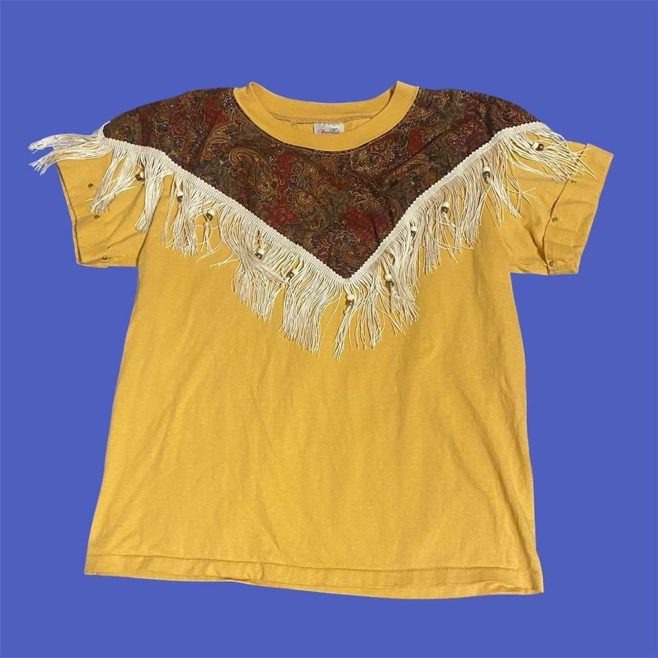 Vintage 80s Hazelwoods Beaded Fringe Paisley Western T Shirt Single Stitch Sz m