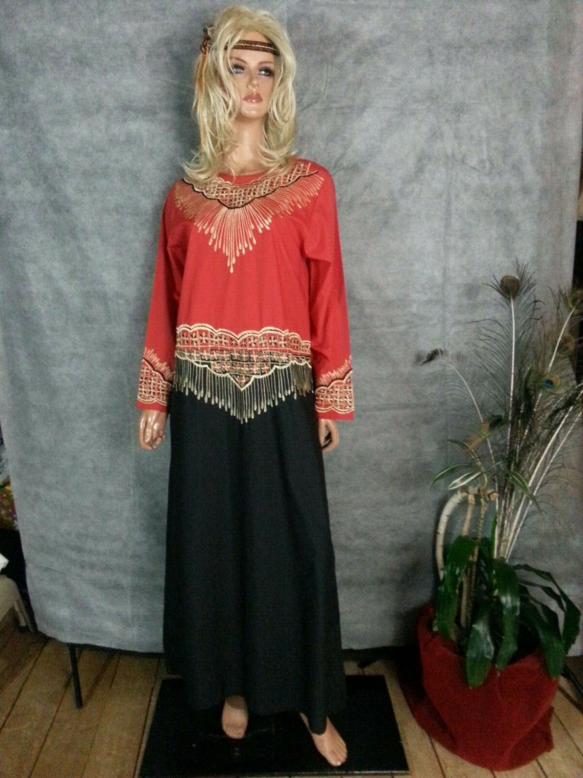 Vtg 70s Caftan Maxi Long Dress Red Black Yel Floral Embroidery Hippy Festival M
