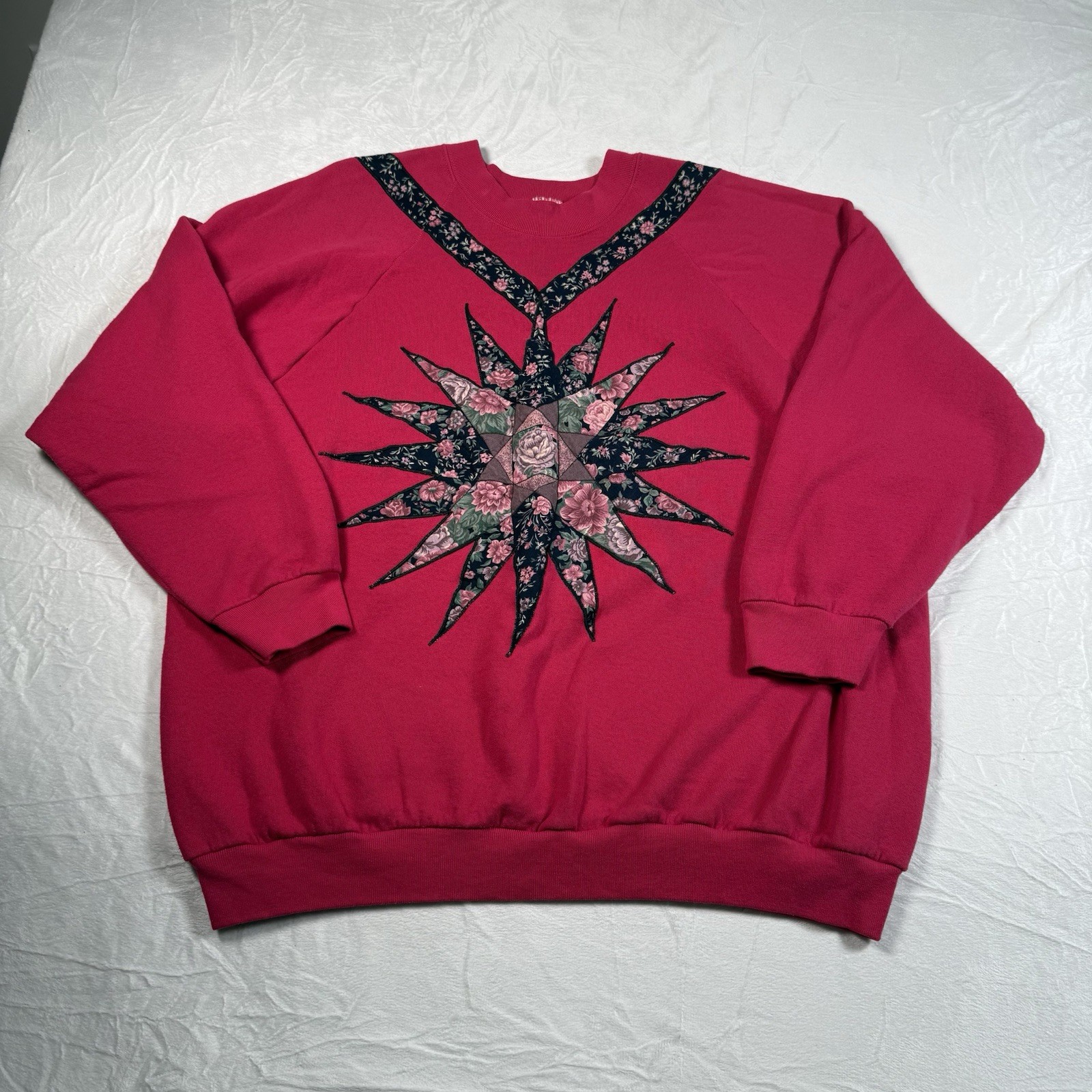 Vintage Patchwork Star Motif Quilted Floral Granny Crewneck Sweatshirt Women 2XL