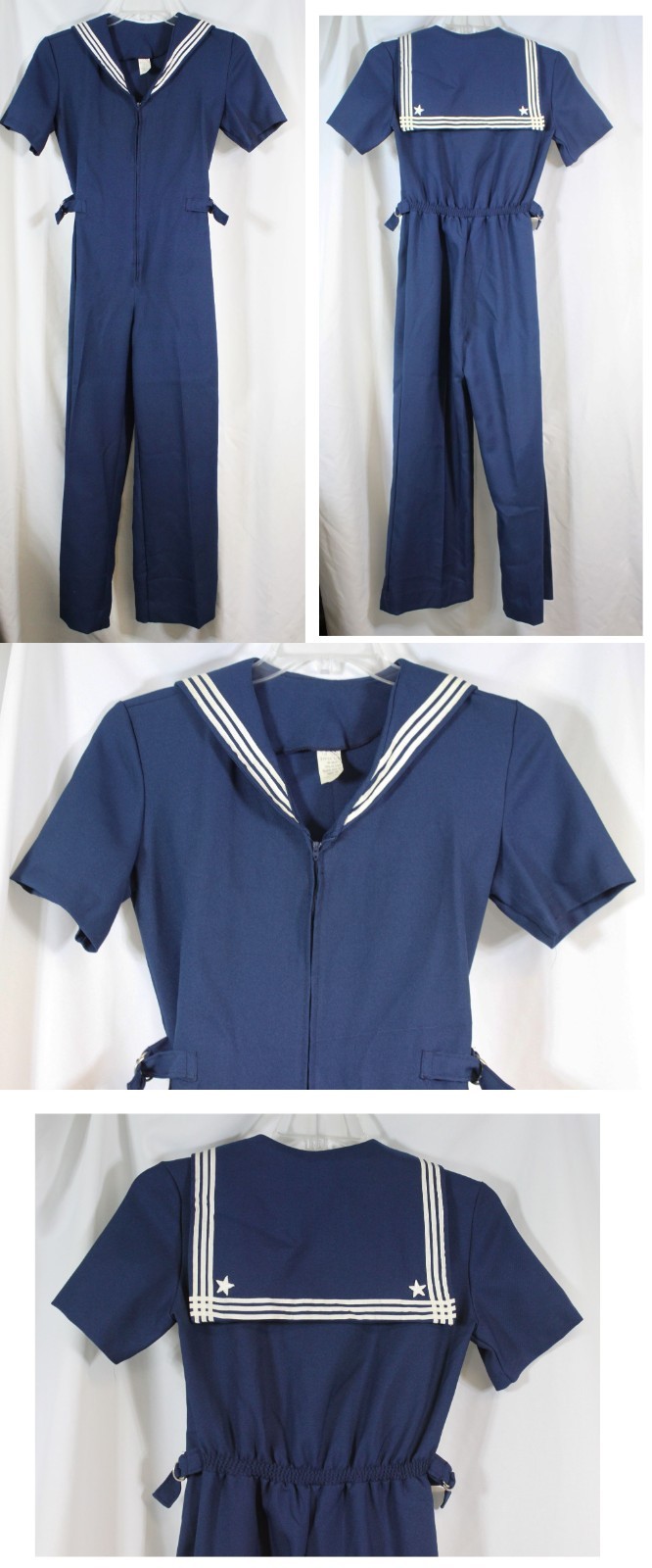 Fabulous Vtg Jumpsuit Jumper Nautical Navy Sailor Suit Polyester Zip Front 9/10