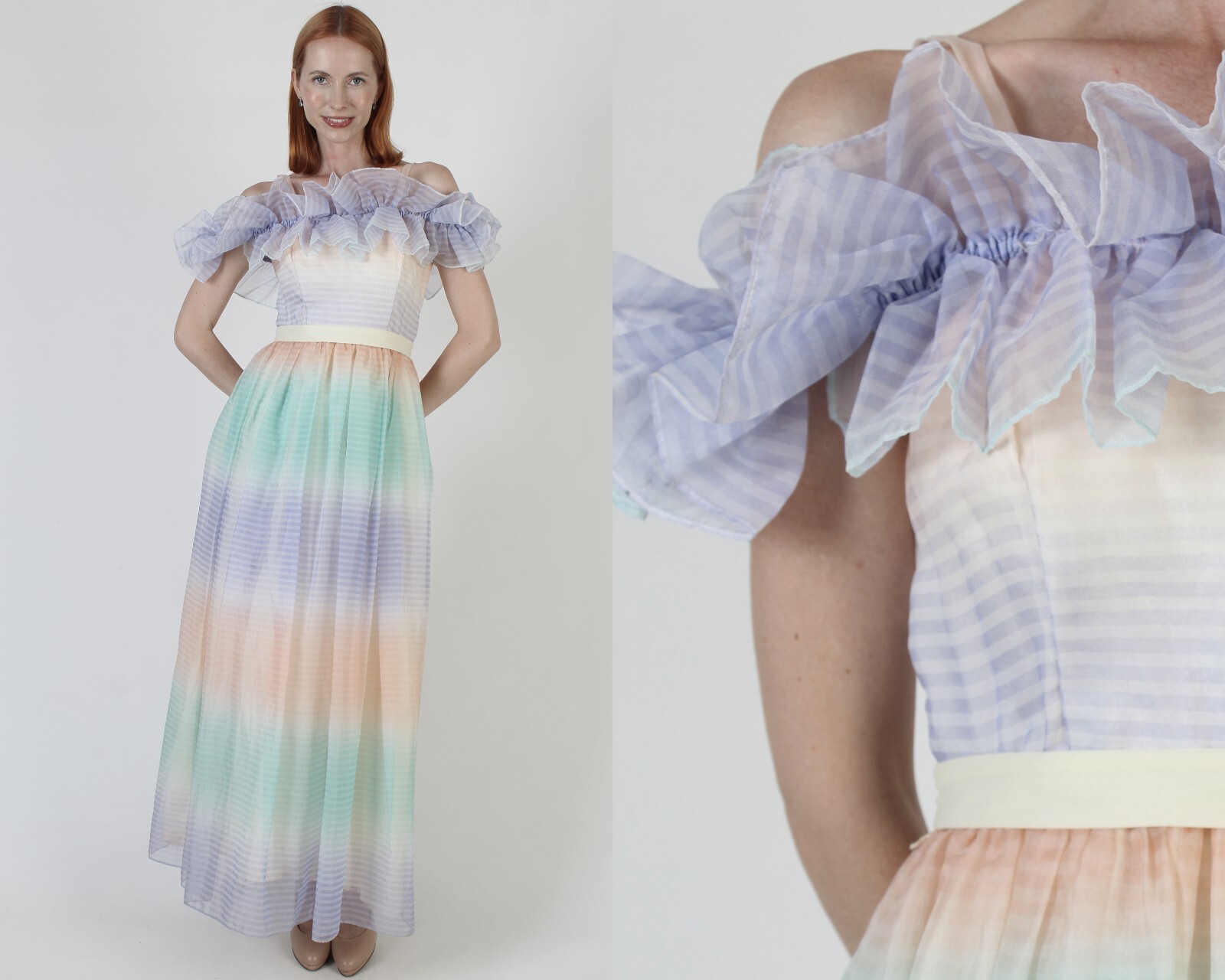 Vtg 70s Ombre Bridesmaids Dress Chiffon Horizontal Stripe Full Skirt Belt Gown