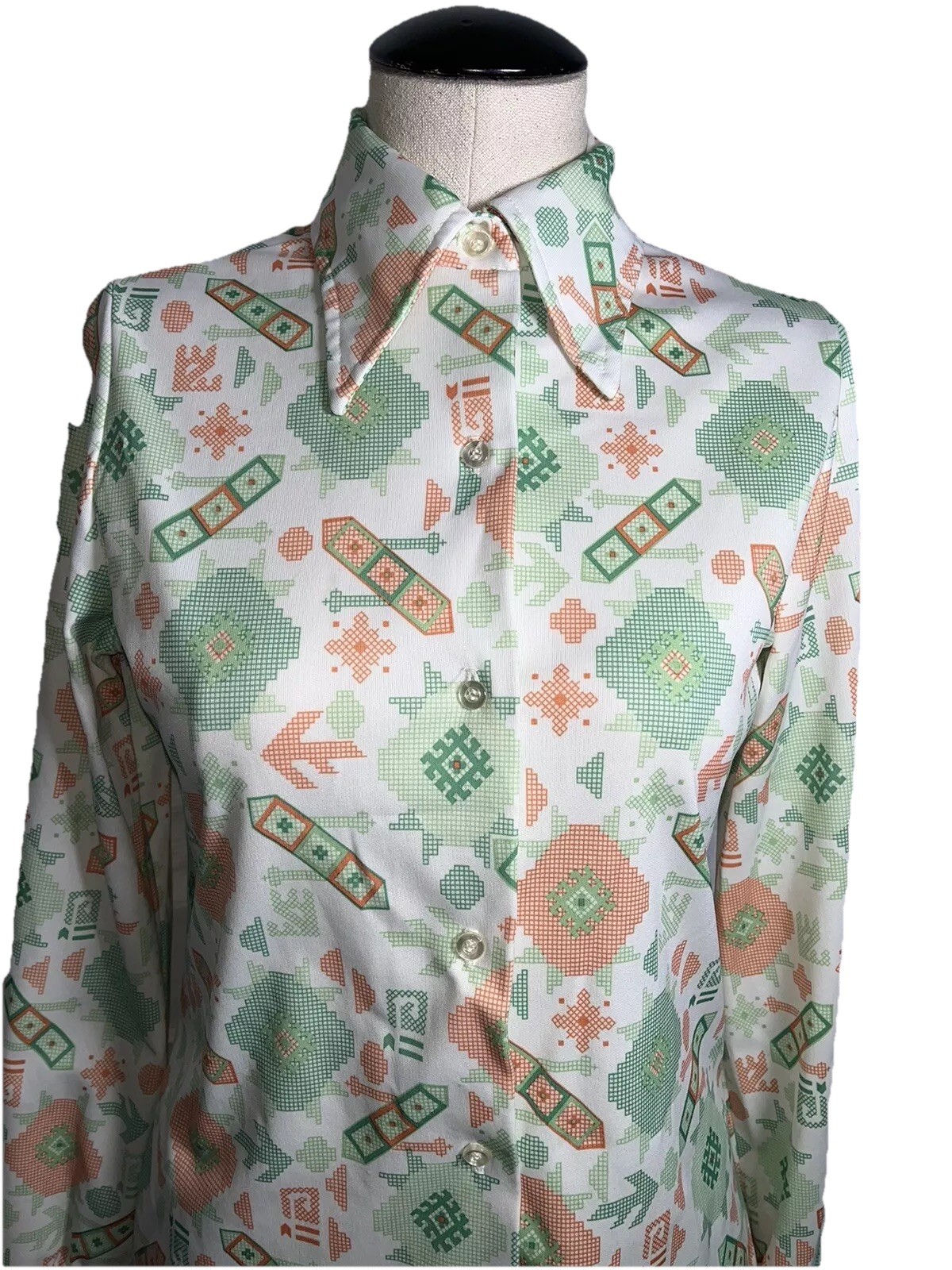 Vtg 60s Shirt Polyester Button Top Geometric Arrow Aztec White Green Orange S 36
