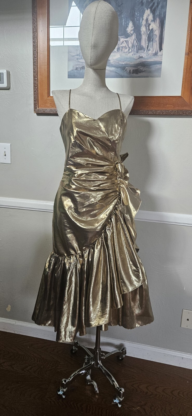 Vintage 1980s Gold Tone Lamè Prom Dress By Steppin Out Mkd Sz 9 As Pictured