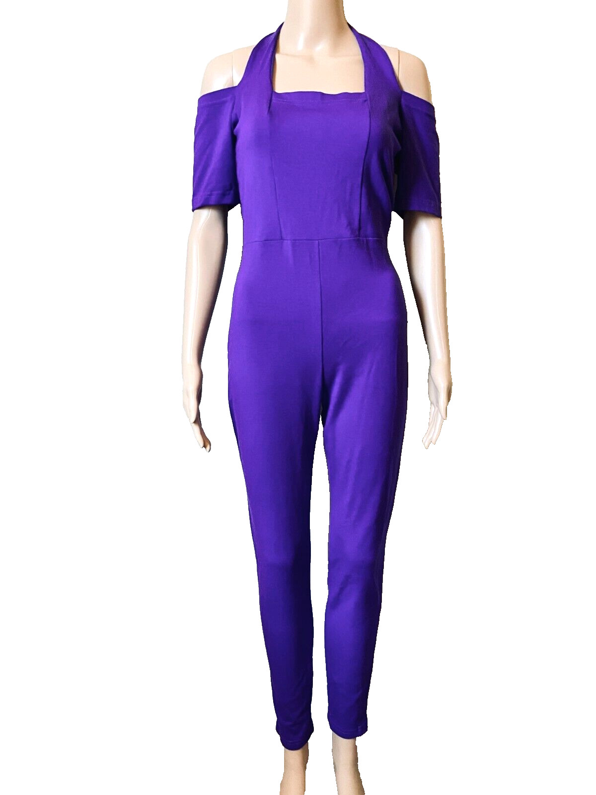 Vintage 80-90’s BRIGHT PURPLE Off Shoulder Halter Neck JUMPSUIT Stretch Knit ~ L