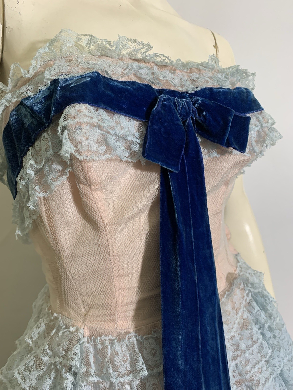 True Vintage 1960s Baby Blue Ruffled Lace Strapless Dress Blue Velvet Ribbon XS