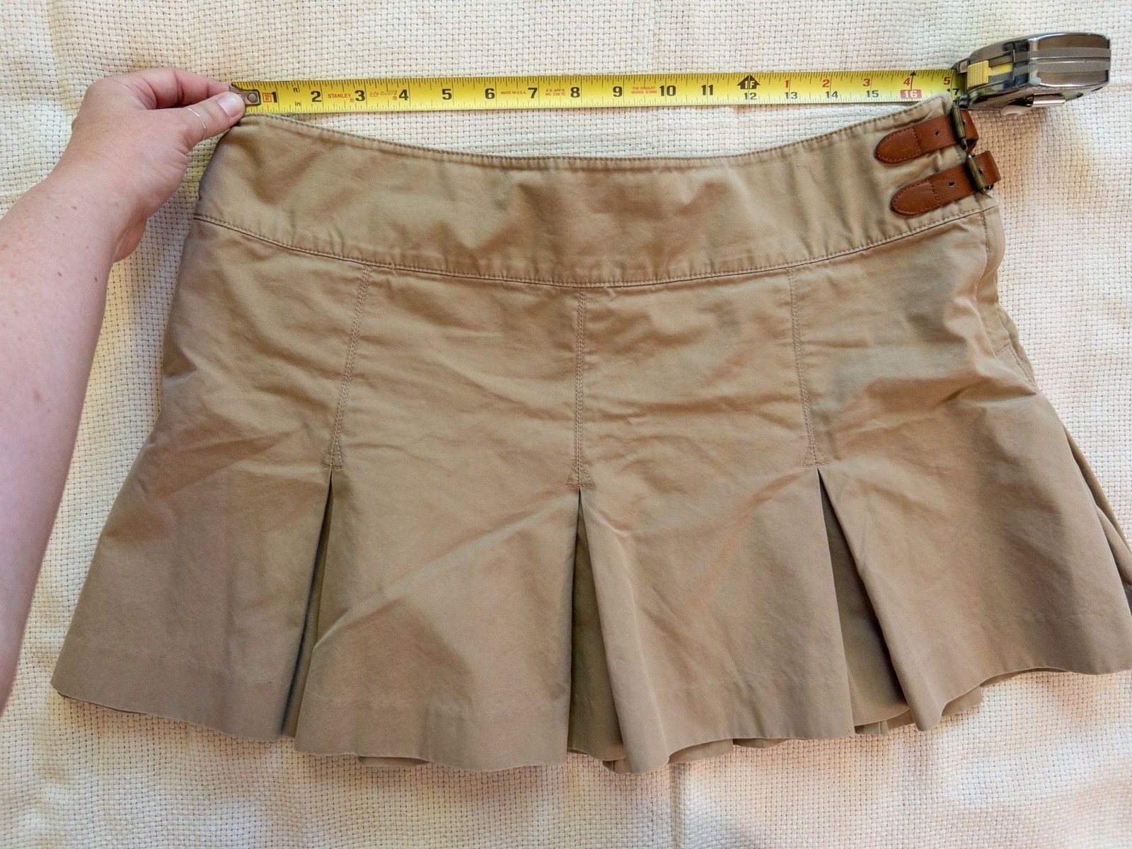 VTG Ralph Lauren Khaki Pleated Mini Skirt 14 Cotton Leather Double Buckle Tan