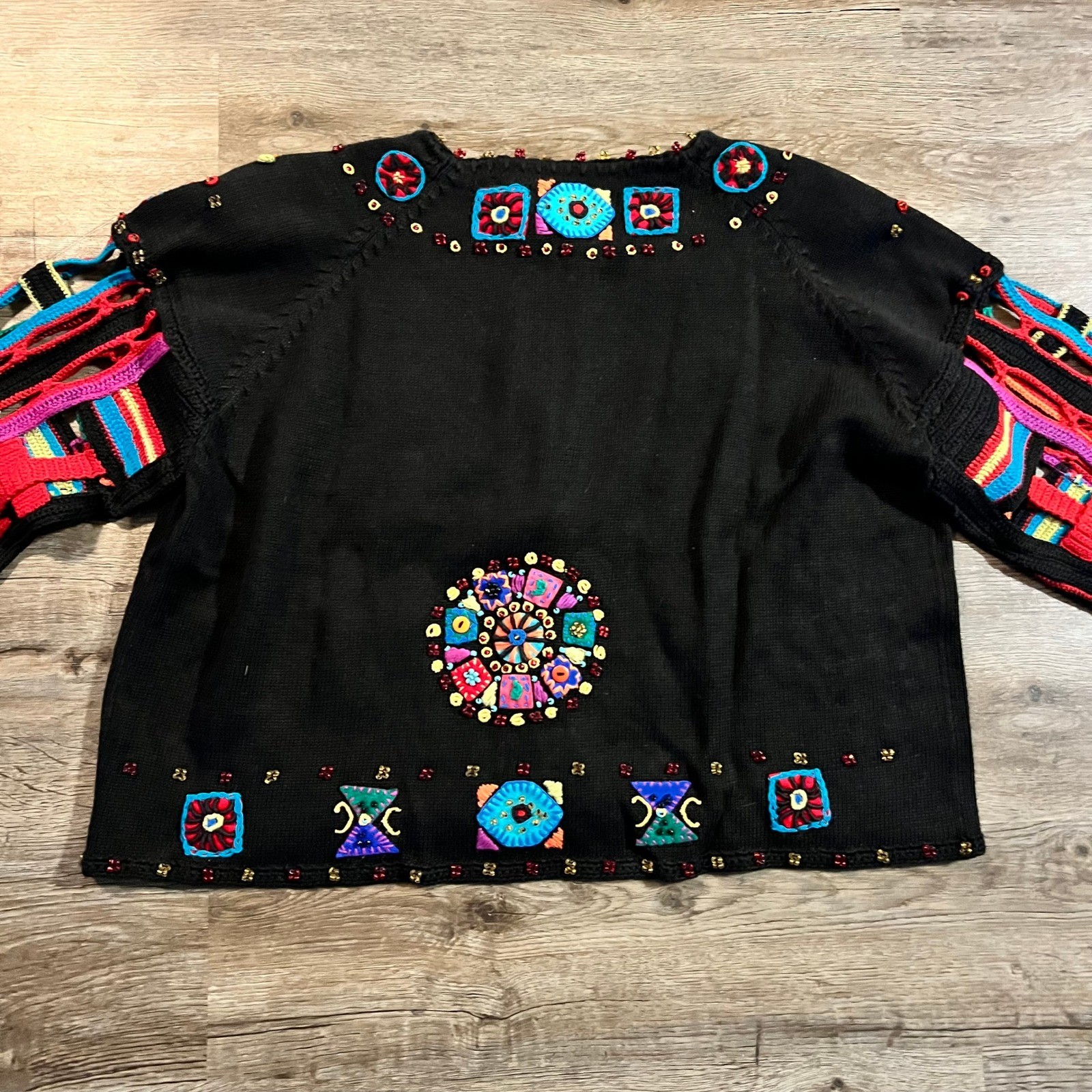 Michael Simon Vntg Beaded Embroidered Cardigan Black Multi Color Art Knit 2