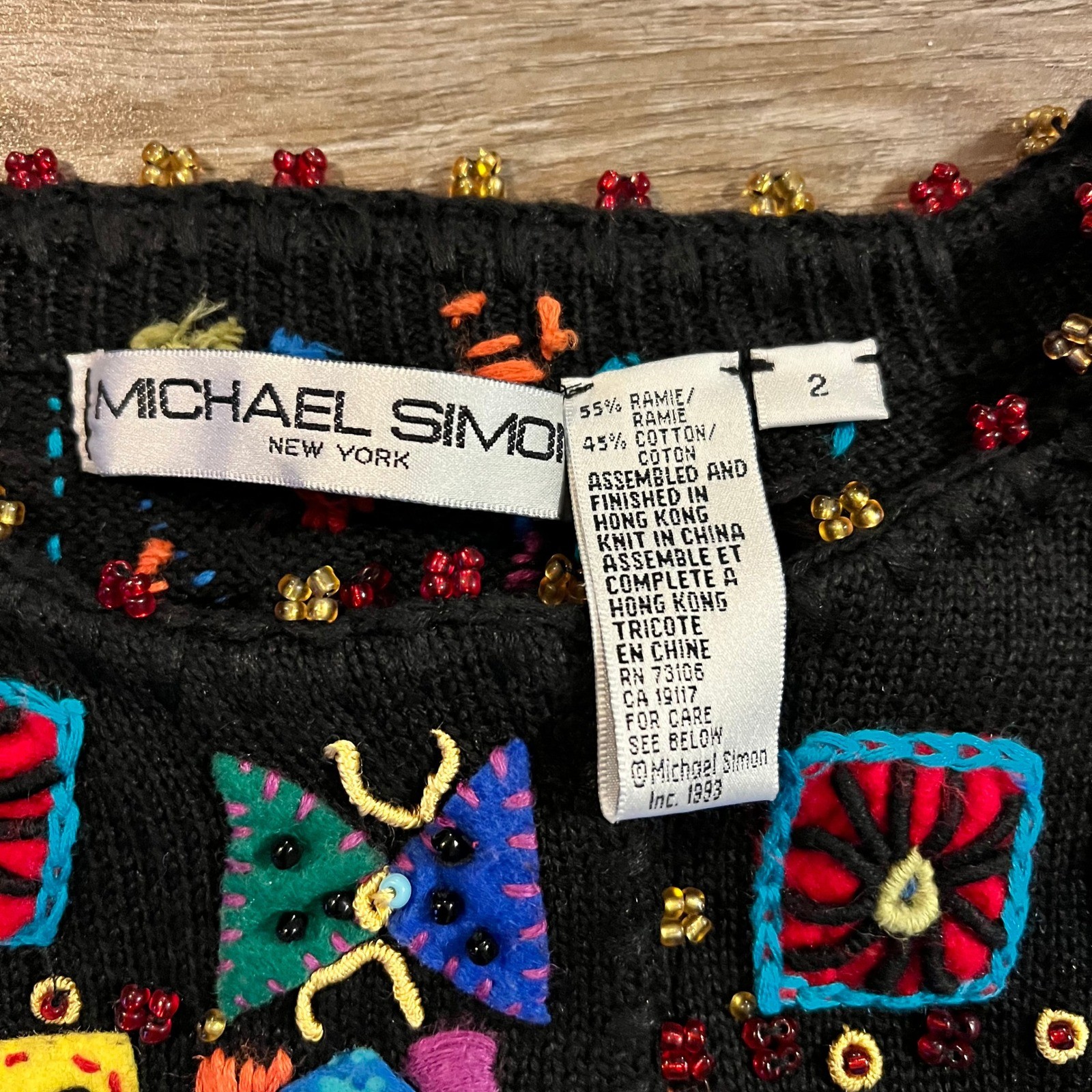 Michael Simon Vntg Beaded Embroidered Cardigan Black Multi Color Art Knit 2