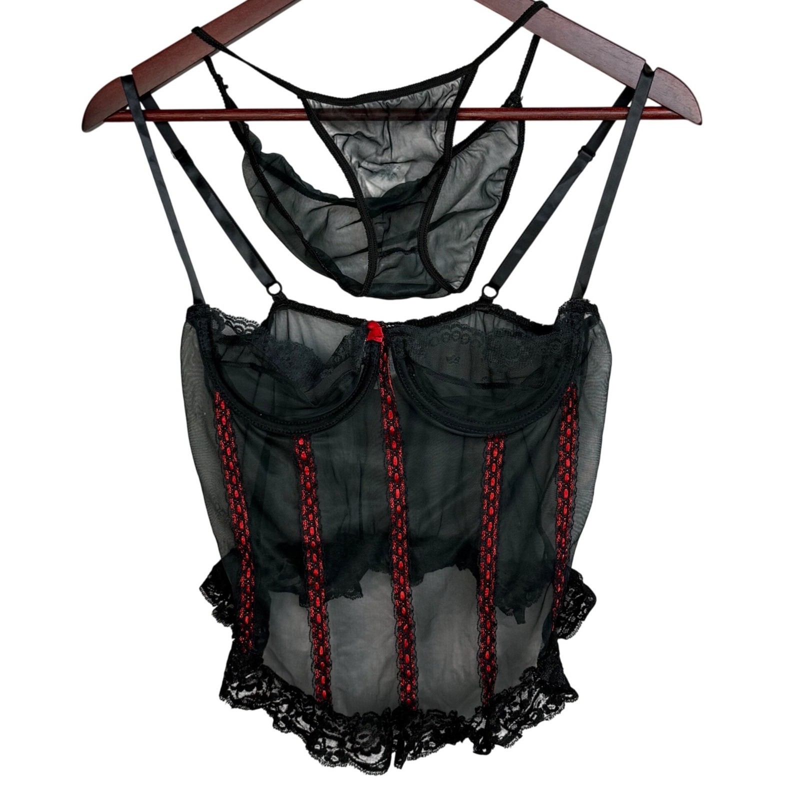 Vintage Frederick’s of Hollywood Bustier Set Sheer Mesh Black Red Lace M
