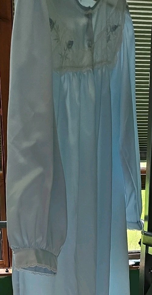 Miss Elaine Nightgown mid length Blue Satin Cotton Large Pit To Pit 23″ L 52″