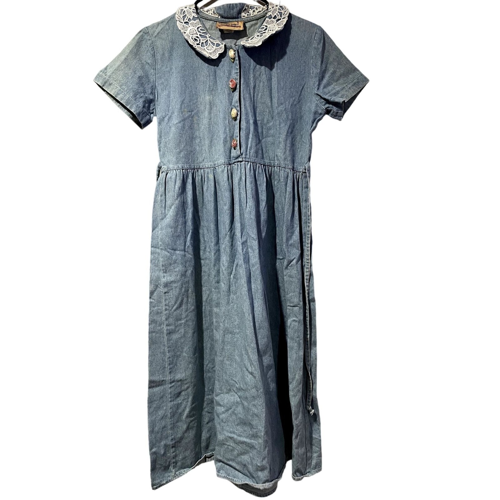 Vintage Denim Lace Collar Midi Dress The Clothing Company Cottagecore Blue u1