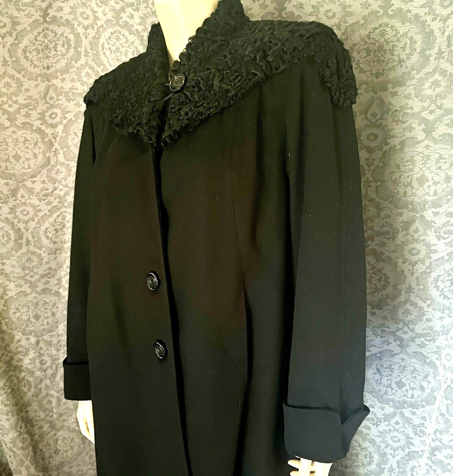 Late 1940s Inky Black Wool Coat, Fabulous Persian Lamb Collar, Excellent, L -XL