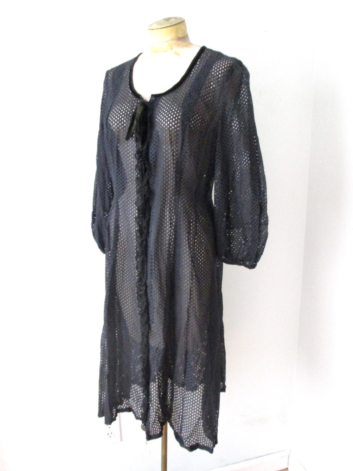 Antique 30s black cotton 2-pc dress top eyelet cutout dots lace velvet trim M