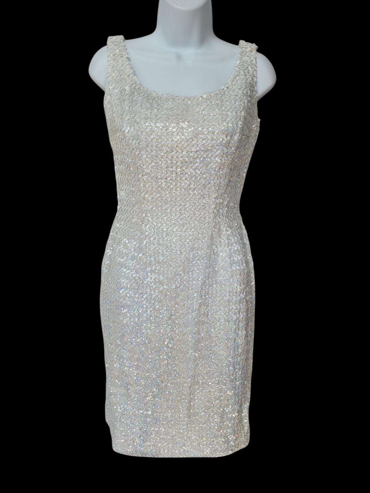 Vintage 60s Sequin White Tank Cocktail Knee Length Dress XS/S Mod Retro Twiggy