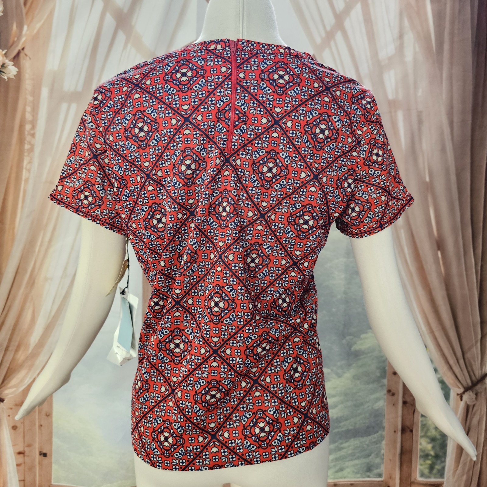 Vintage DEADSTOCK 1970s Blouse Scarf Set Red Blue Pattern Jean Celeste Ltd.