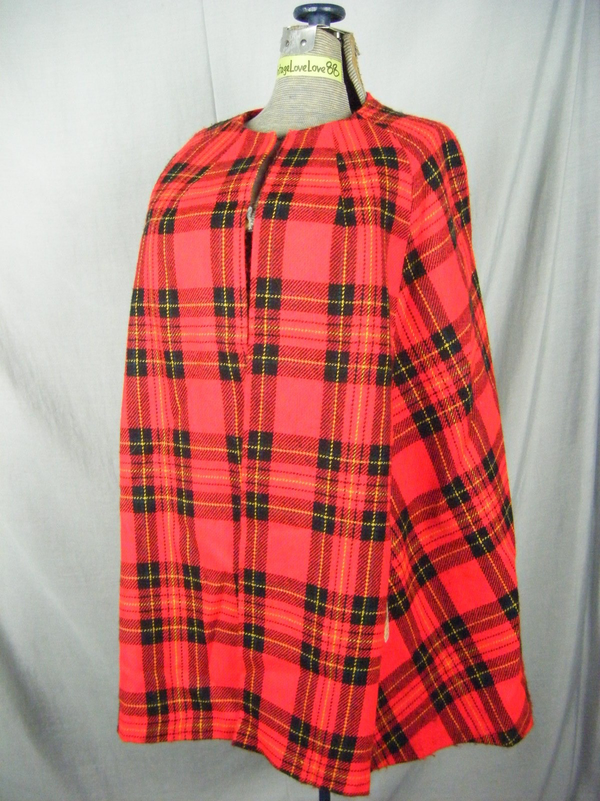 S. EISENBERG CA Vtg 60s Red Plaids Mod Cape-One size