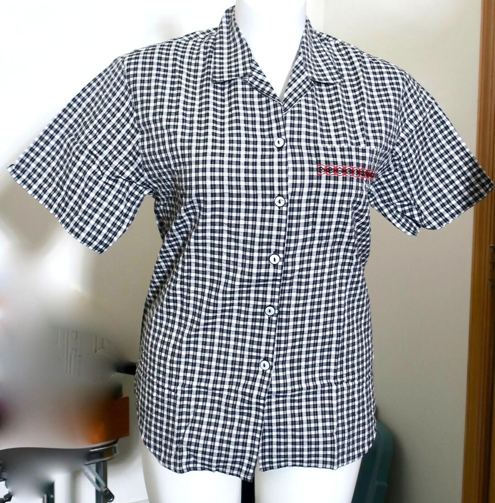 Vintage Russ Sz Small Black White Plaid Checkerboard Buttoned S/S Shirt w Pocket