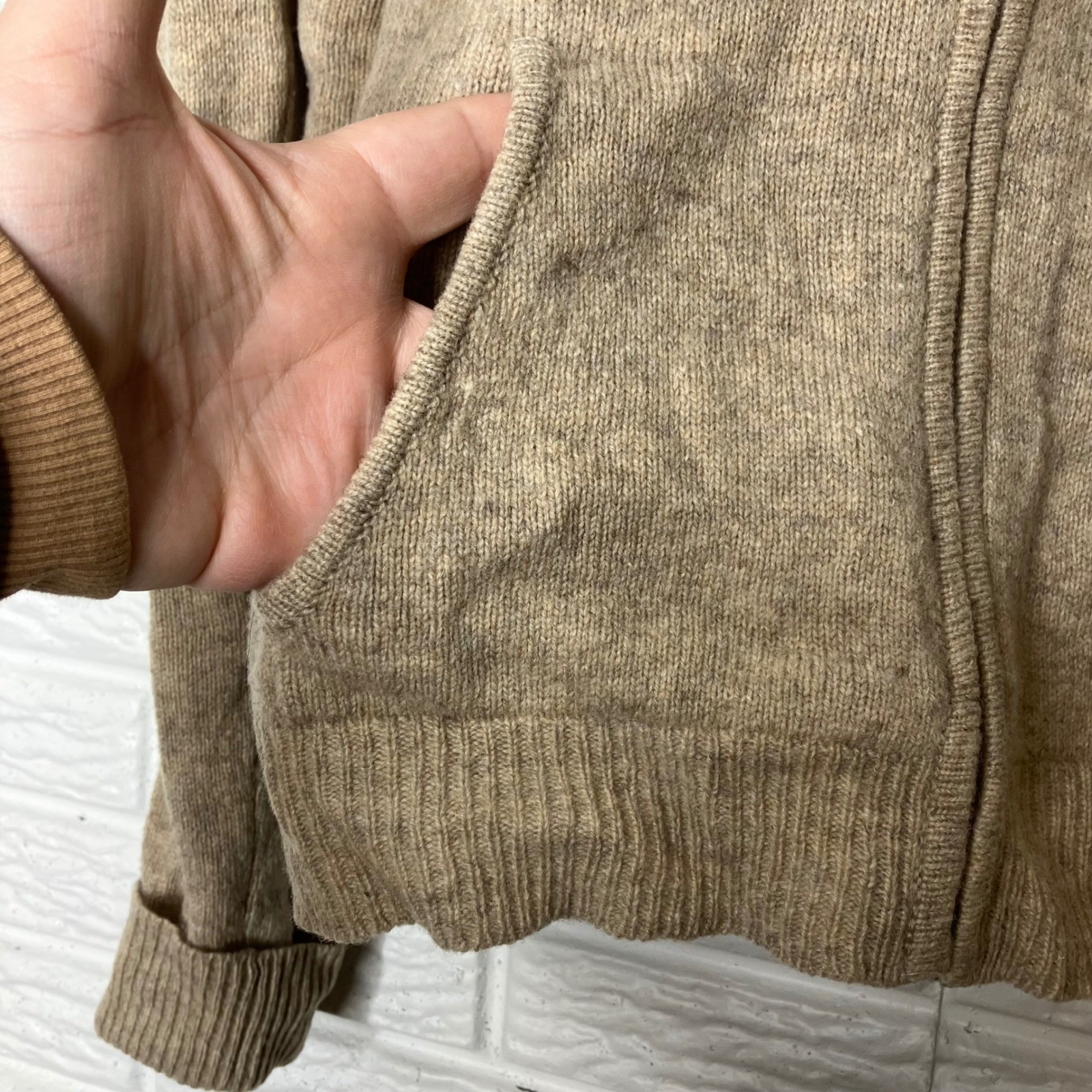 Old navy 100% lambs wool full zip jacket with hood tan brown womens size large