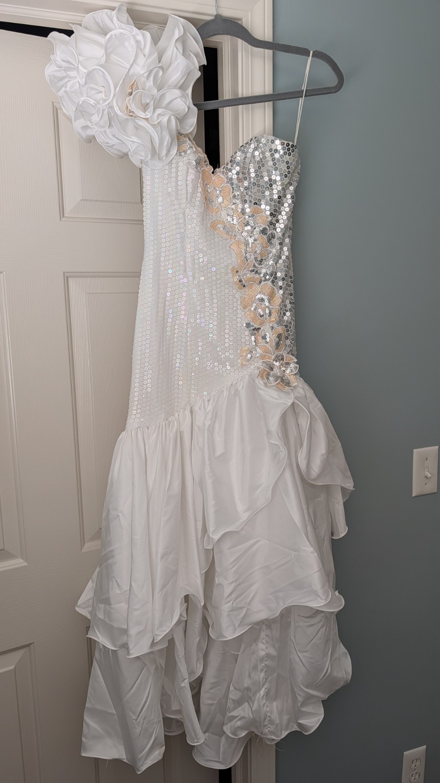 Vintage Alyce Designs 80s Prom Dress 6 White Sequin Drop Waist Ruffle High Low