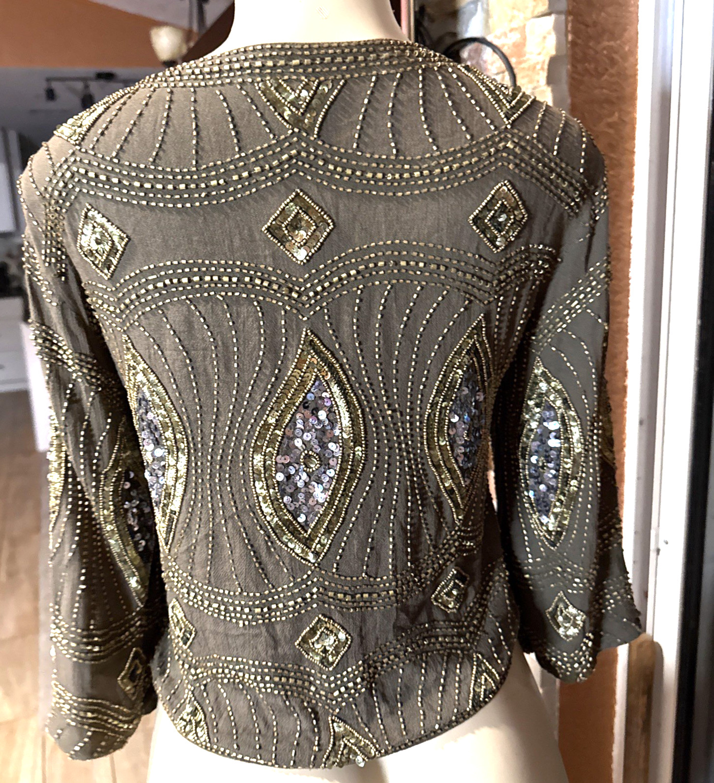 Vtg Tennis Cuidado Especial Sequined Bolero Gold & Army Green XS/S NWTS gc