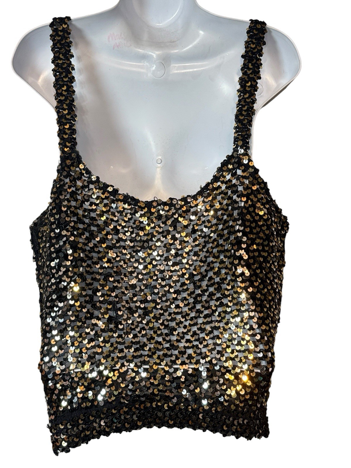 TOPPETTES by A.BROD Vtg 80s Black Silver Gold Sequin Tank Top Xlg Clubwear