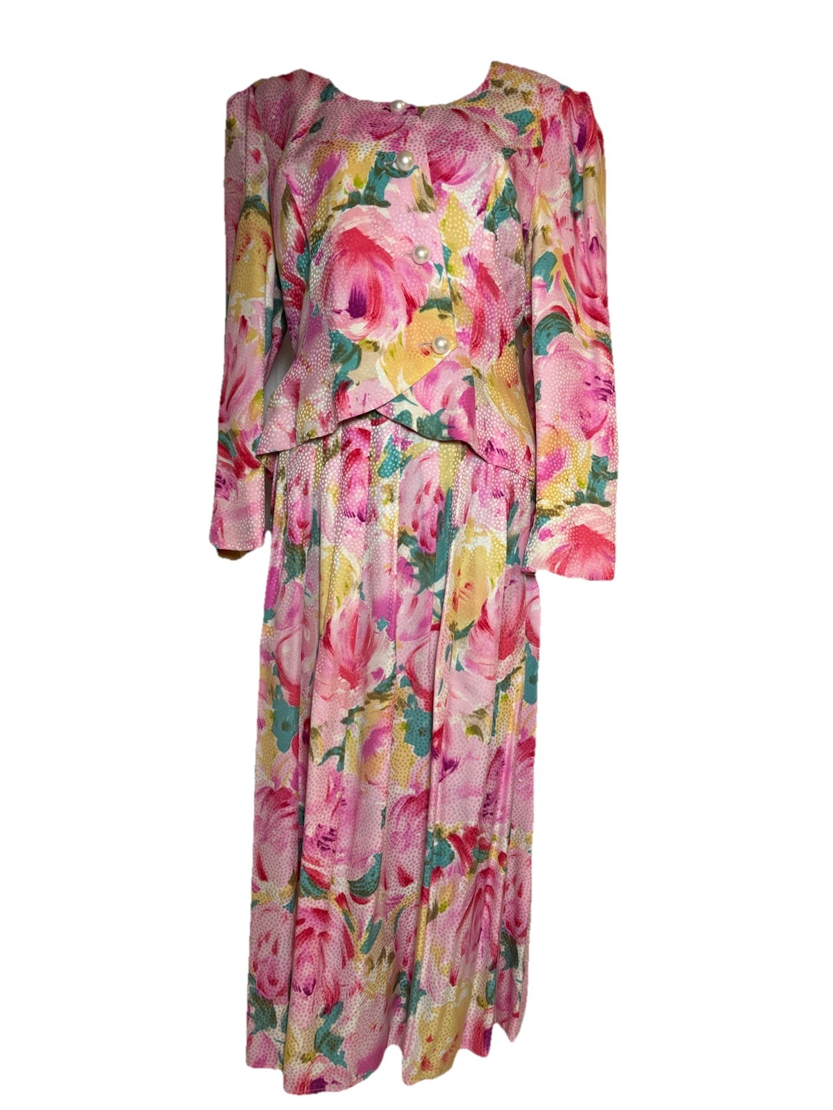 Maggy London VTG 100% silk elegant floral jacket & skirt set watercolor style 12