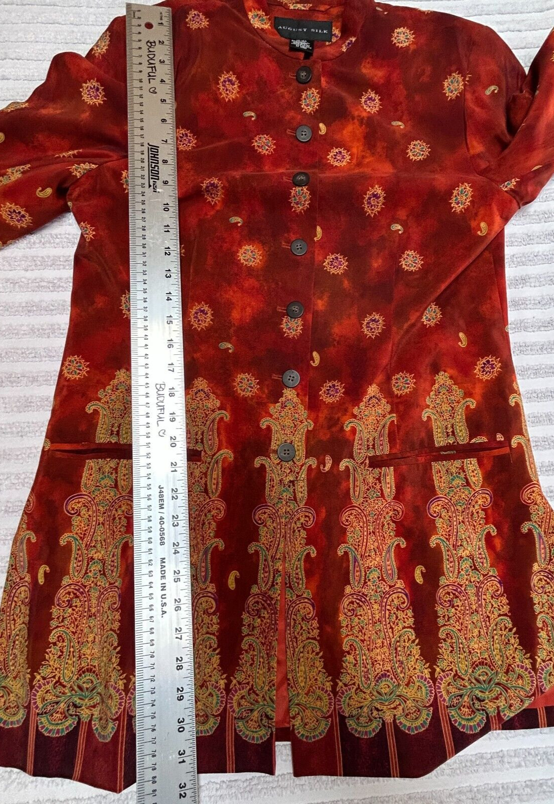 Vintage August Silk Burnt Orange Paisley Tunic Jacket/Blouse 10/40 Long Sleeve