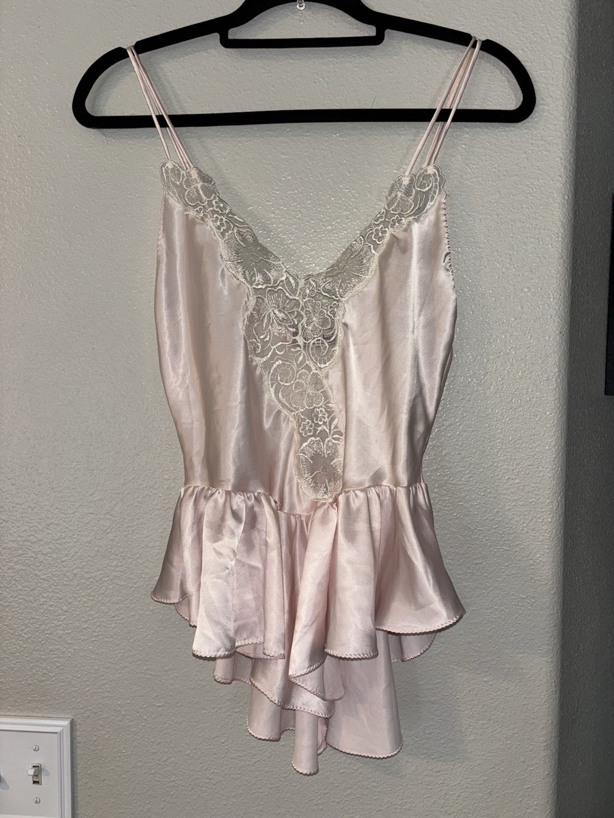 Vtg 80s Donna Richard Pink Satin Teddy Bodysuit Ruffle Lace Lingerie Petite XS S