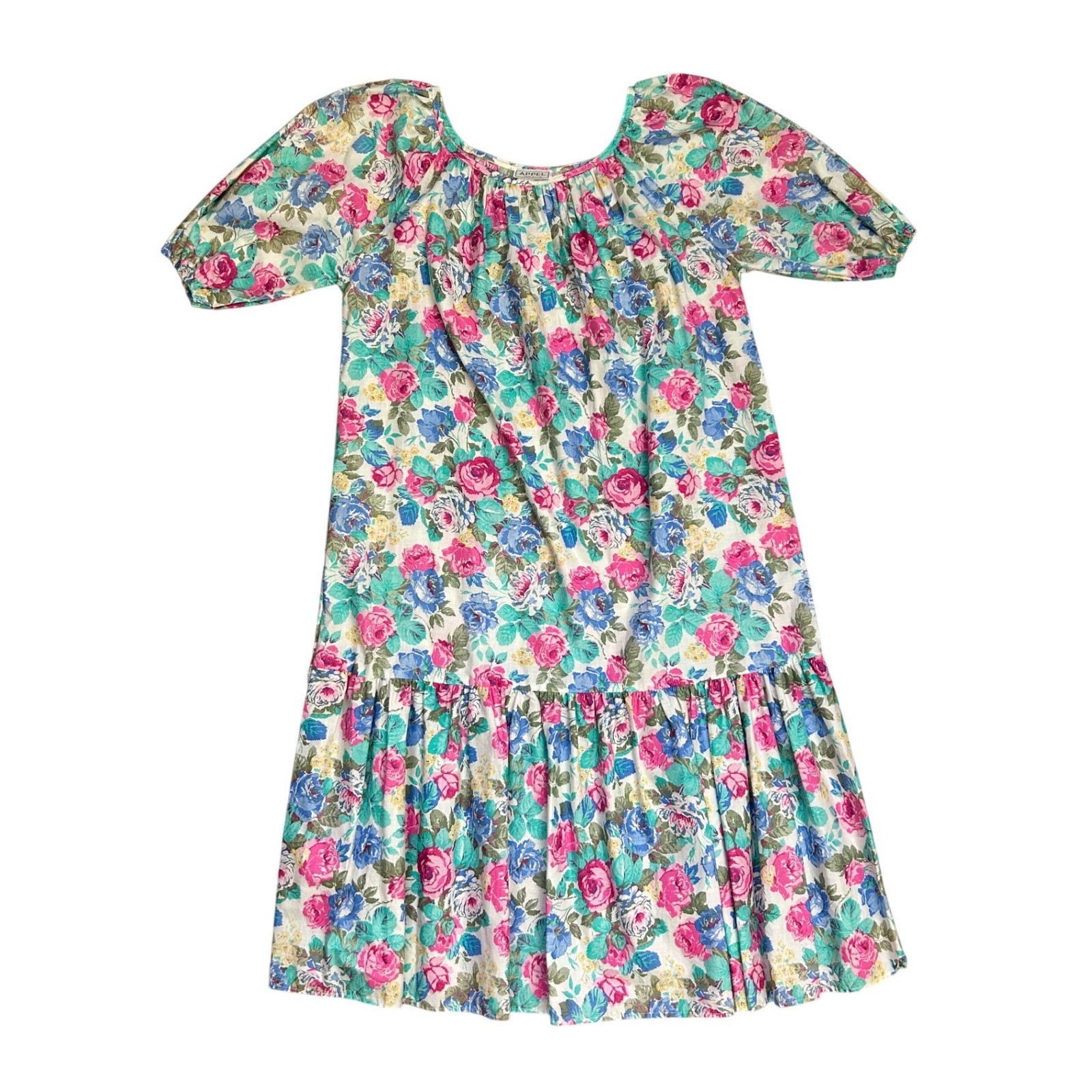 Vintage Floral Mumu Dress Large Pink Blue Rose Cottagecore prairie cotton
