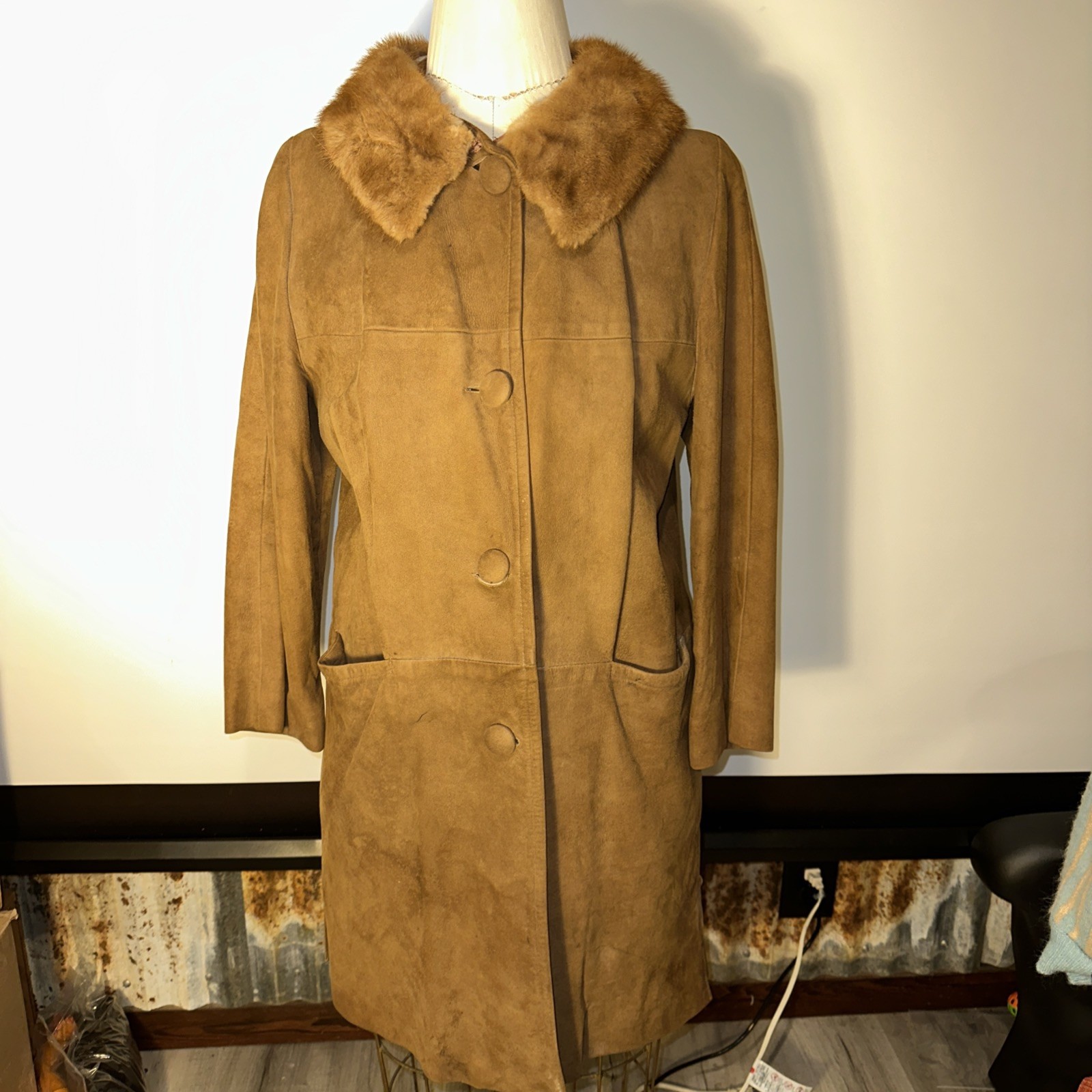 SUEDE COAT VTG w/MINK COLLAR LINED Unbranded Women’s SZ 16- 3/4″ Sleeves