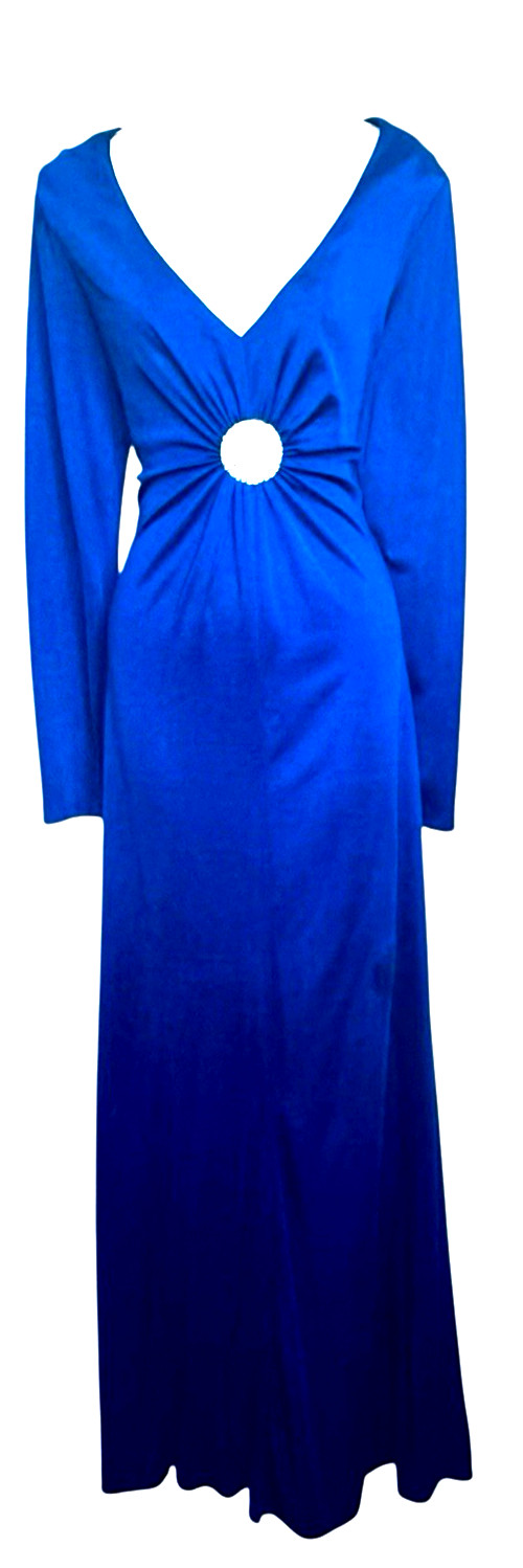 VTG 70s Jersey Knit Lane Bryant TALL Blue Deep Plunge Evening Dress Plus 2X 3X