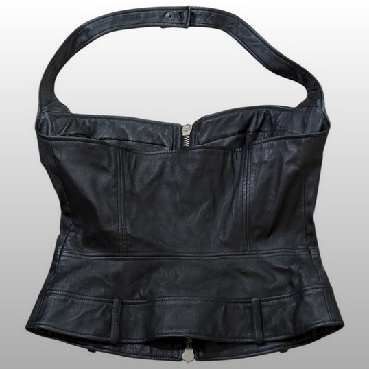 RARE Vintage La Perla Black Leather Halter Top with Gold Zipper -Archival Piece