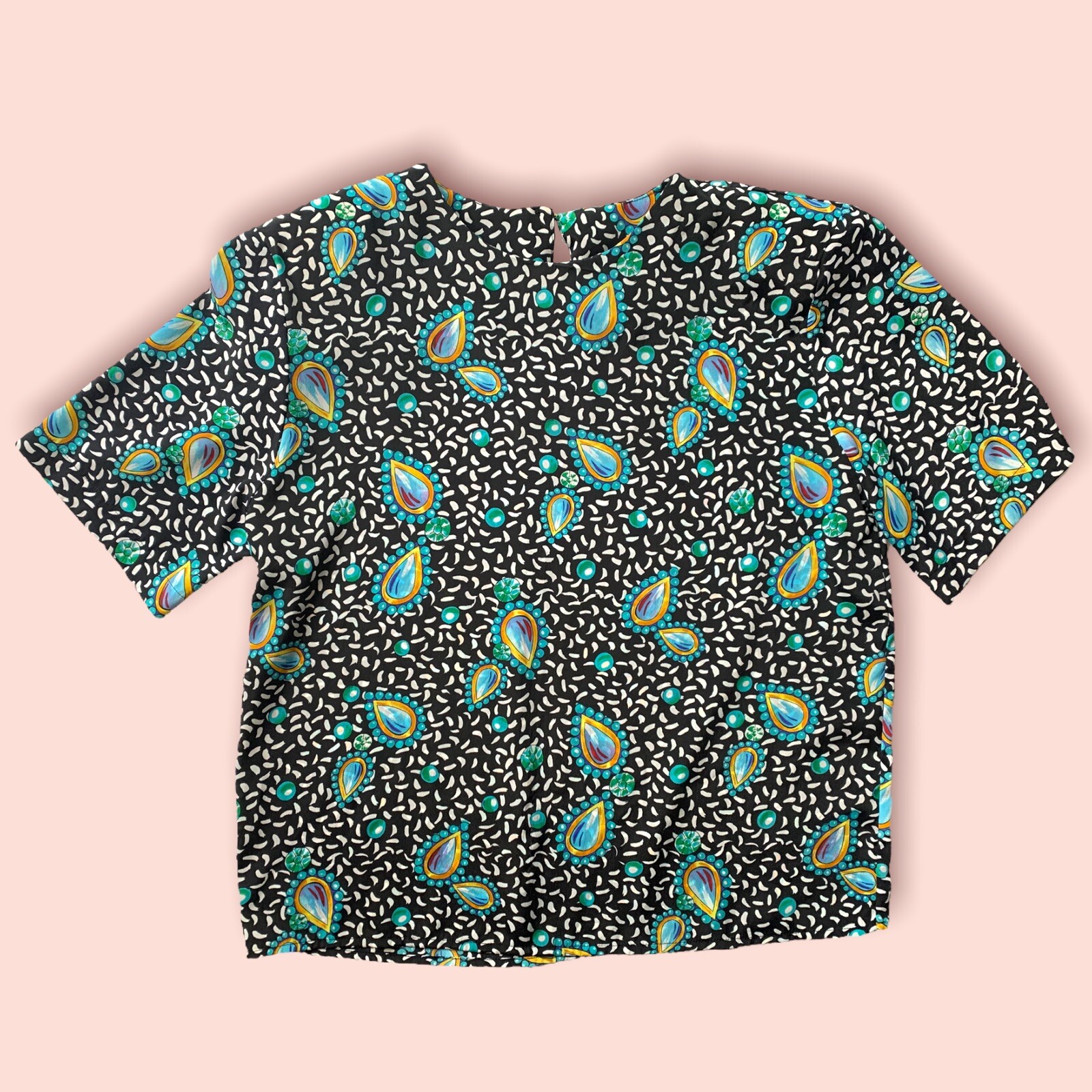 VTG 1990s Black Diamond Gem Print Blouse Size Small