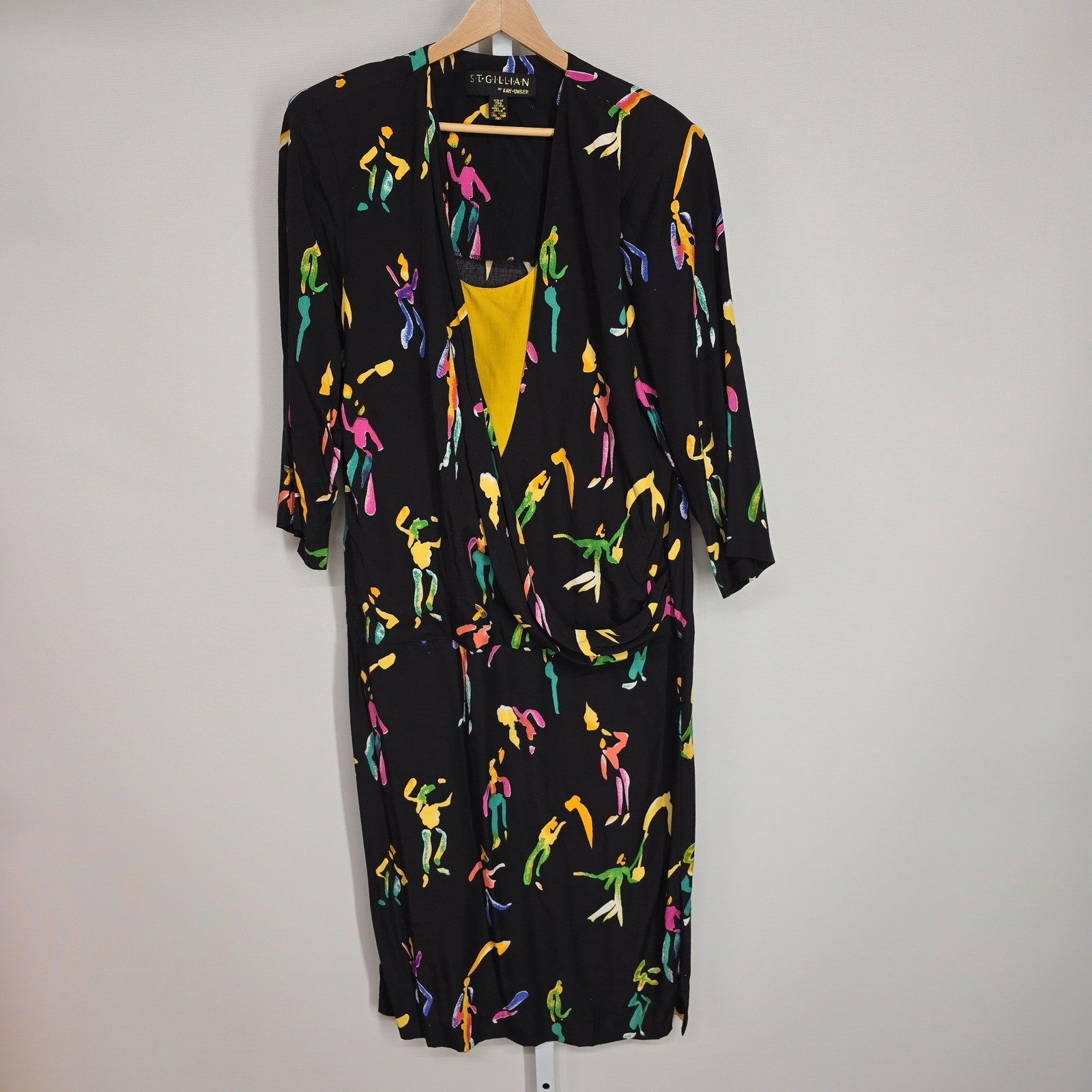 St Gillian by Kay Unger Vintage 90s Abstract Art Print Rayon Midi Dress Black 14