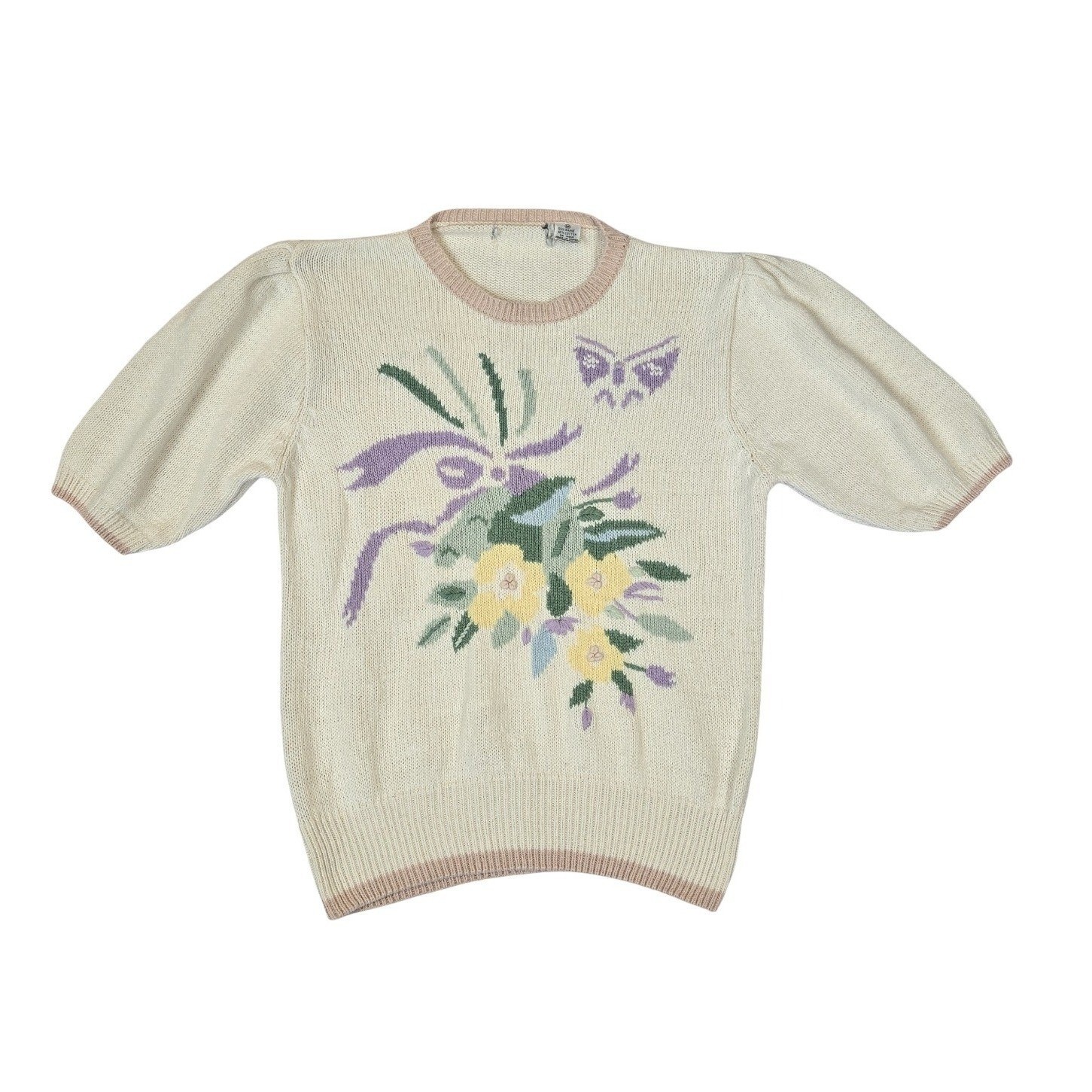 VTG 90’s Floral Puff Short Sleeve Sweater Grannycore Cottage Butterfly Knit MD