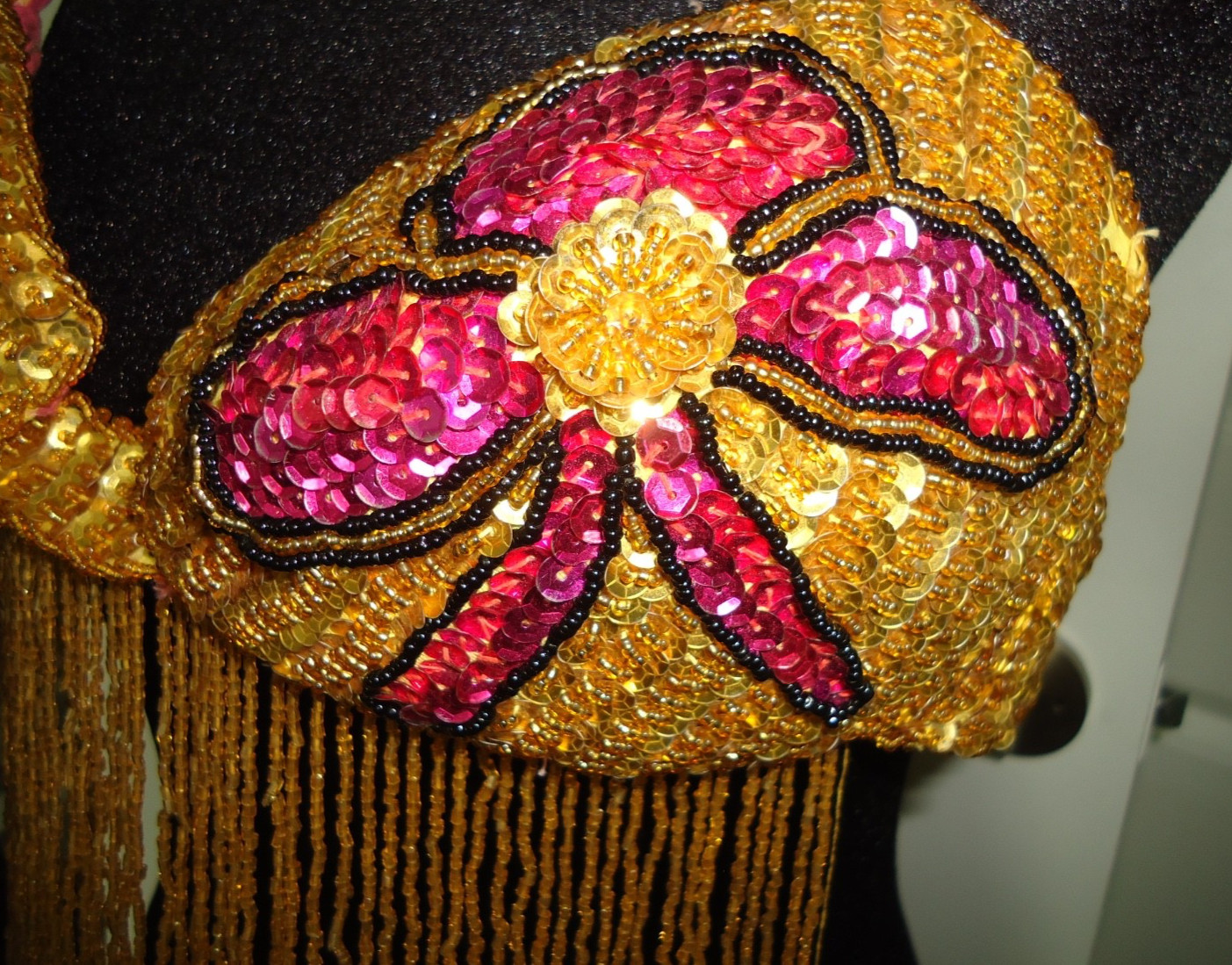 Vintage 70s Handmade Burlesque Beaded Fringe Top Pink Gold