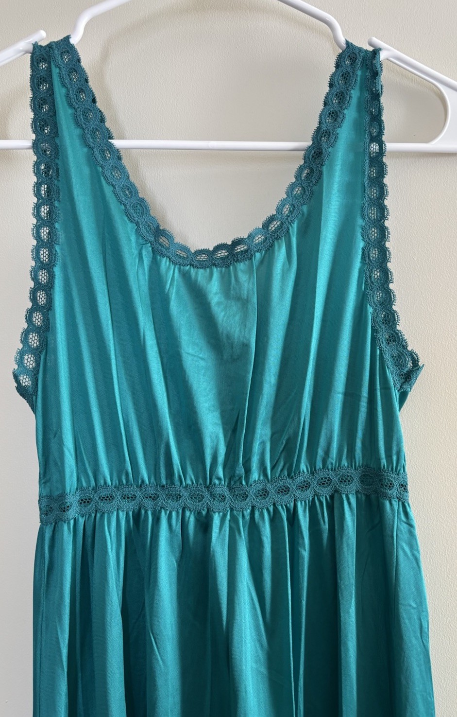 Vtg 1970s Miss Elaine Long Gown Teal Sz S Petite Union Made Lace Trim