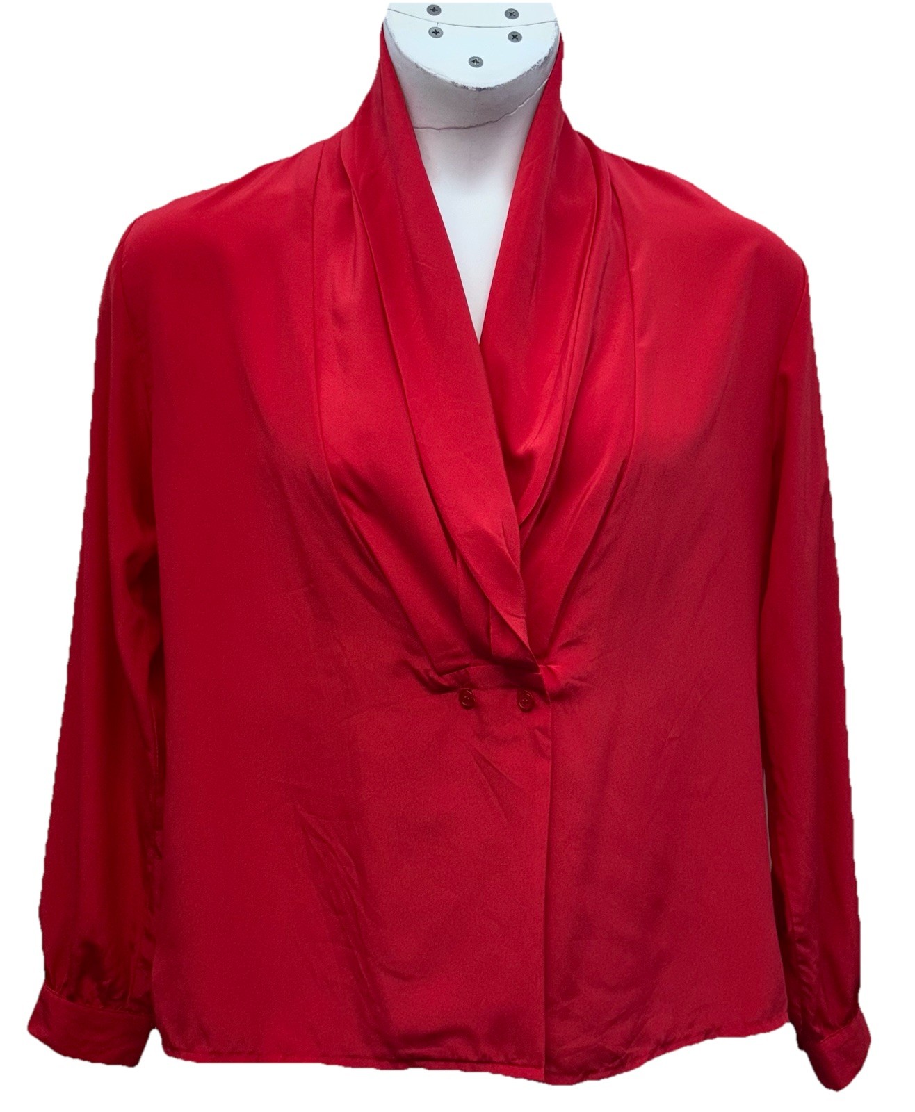 VTG Christie & Jill Women Size L Buttoned Long Sleeve Cowl V-Neck Blouse Red