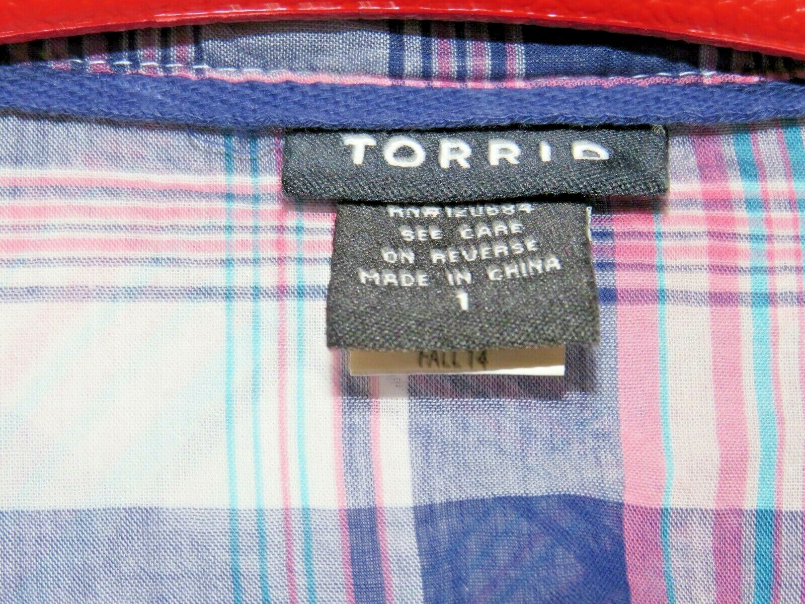 Torrid Button-Up Blouse -RN 120684 -Size 1- 100% Cotton-Blue/Purple/Pink Checker