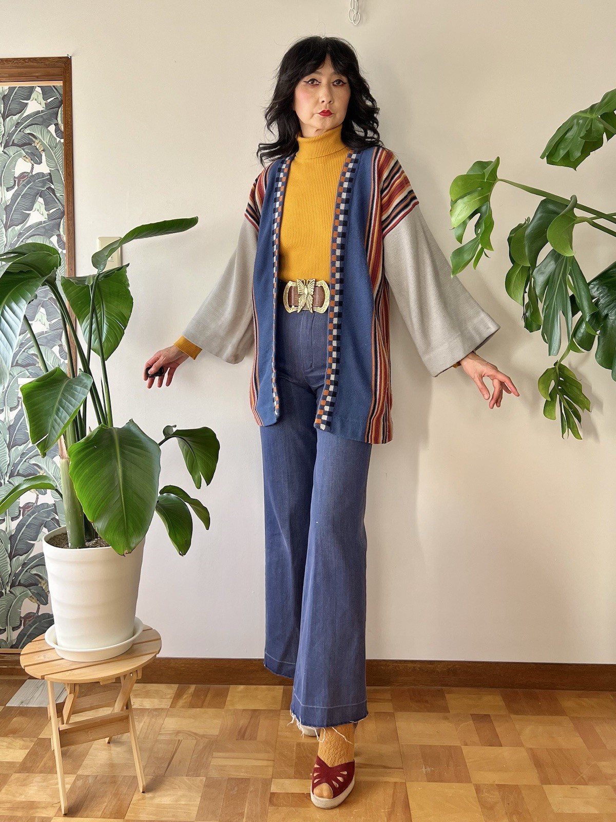 VTG 70s Broadway Color Block Kimono Sleeve Knit Cardigan Boho Folk Art M