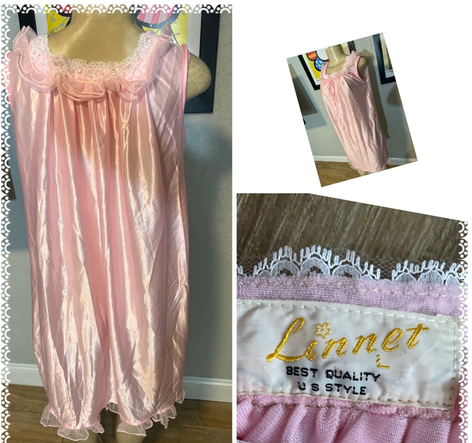 VTG LINNET BEST QUALITY NIGHTGOWN SILKY LACE RUFFLE TRIM PINK SZ L 8cx