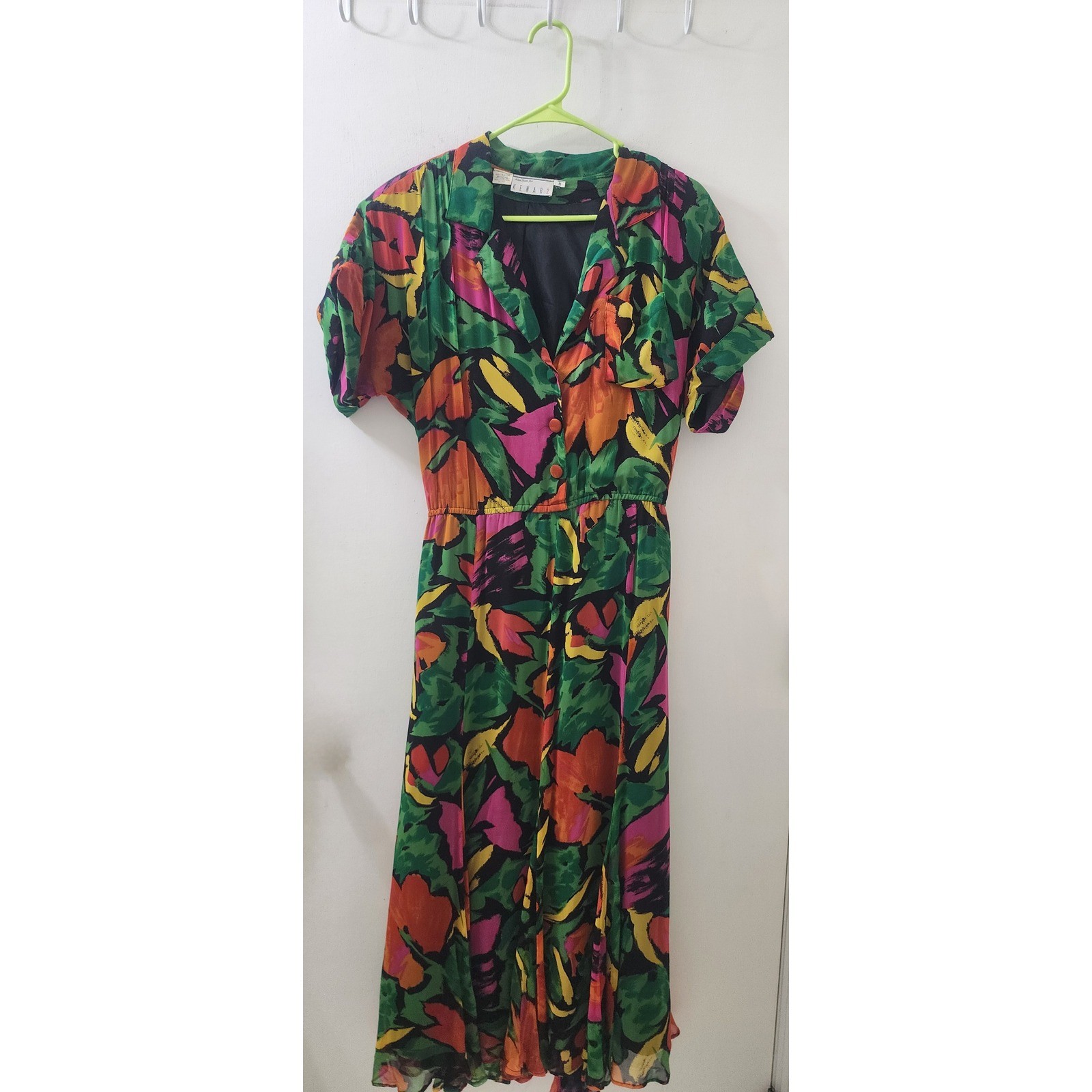 Vintage Kenar 2 Ann Tjian Floral Rayon Midi Dress Green Orange Abstract Size 8