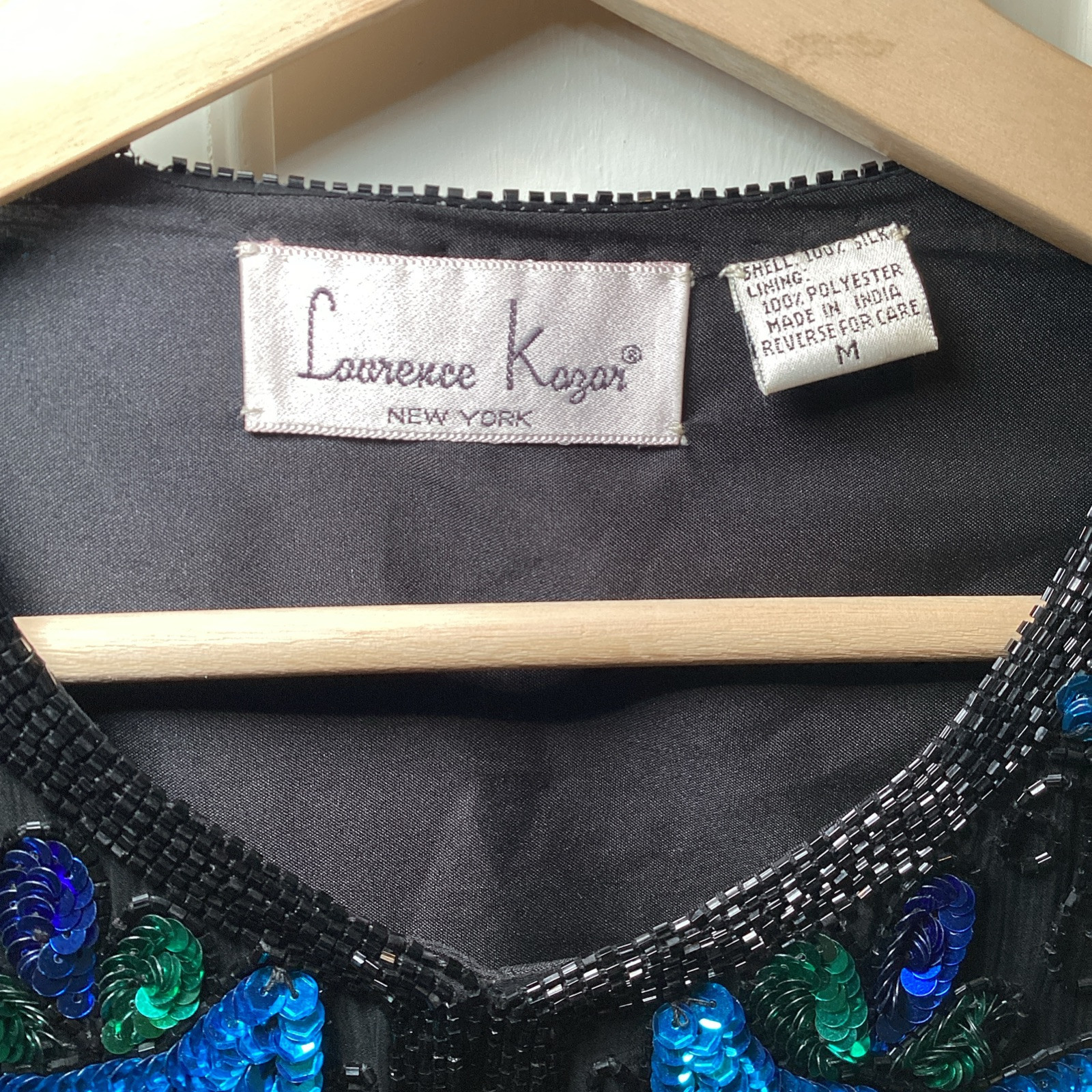 Laurence Kazar Vintage Beaded Sequin Jacket Top Medium Evening Silk Peacock Blue