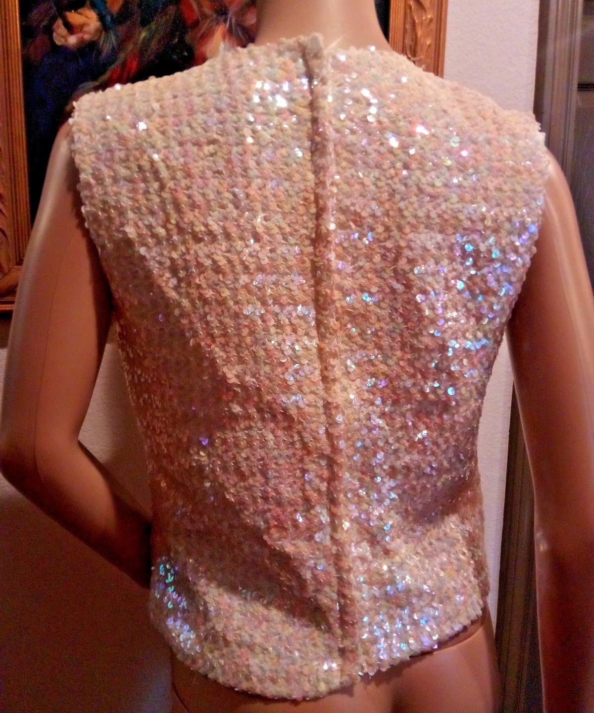 Vtg 50’s Stephen O’Grady White Irridescent Pastel Rainbow Sequin Top BLouse 10