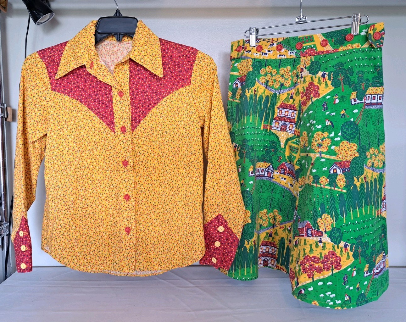 Vtg Handmade 60s/70s Wrap Skirt & Shirt Set Farm/Flowers/Girls/Teens/Petites