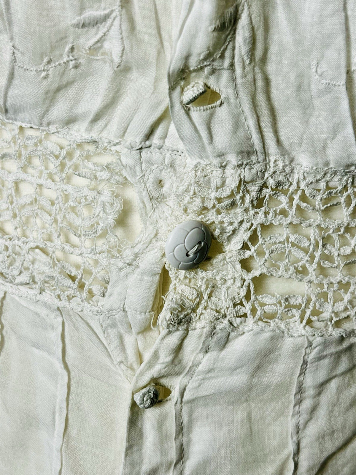 Antique 1900s Edwardian White Cotton Lawn Tea Dress Embroidered Lace Cutwork S/M