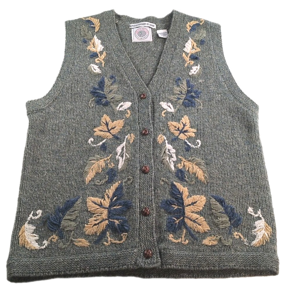 Vintage Hand Embroidered Foliage Cape Isle Shetland Wool Vest Goblincore Garden