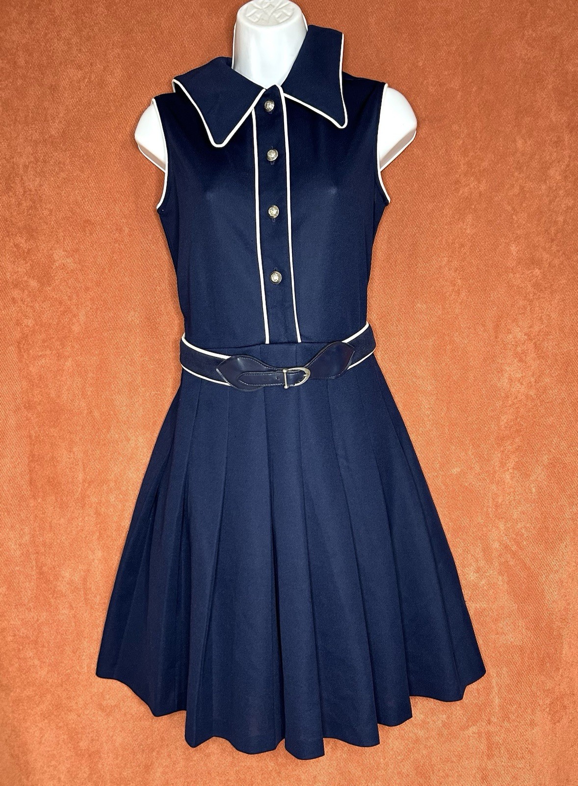 Vintage Butte Knit Navy Blue Dress Sleeveless Pleated Belted Retro Mod No Size