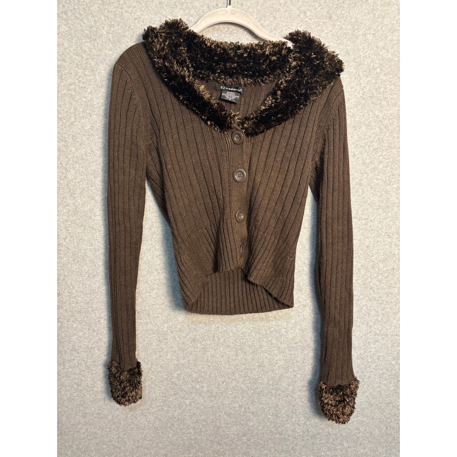 Vintage 52 Weekends Brown Faux Fur Trim Cardigan Sweater Y2K Cozy Glam M